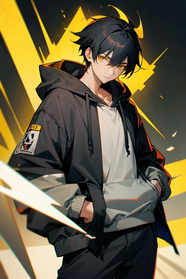 light Black  hair　boy　gray Hoodie　yellow eyes　Cold guy　Hands are pockets