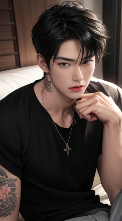 High quality, masterpiece, highly detailed, 8k, perfect face, perfect body, realistic, photo realistic, man, Asian, black hair, short hair, handsome, detailed eyes, beautiful detailed nose, realistic body, realistic light, comfortable expressions, cute guy, sweat guy, cool guy, abs sixpack, model style, full body, clean skin, tattoo, necklace