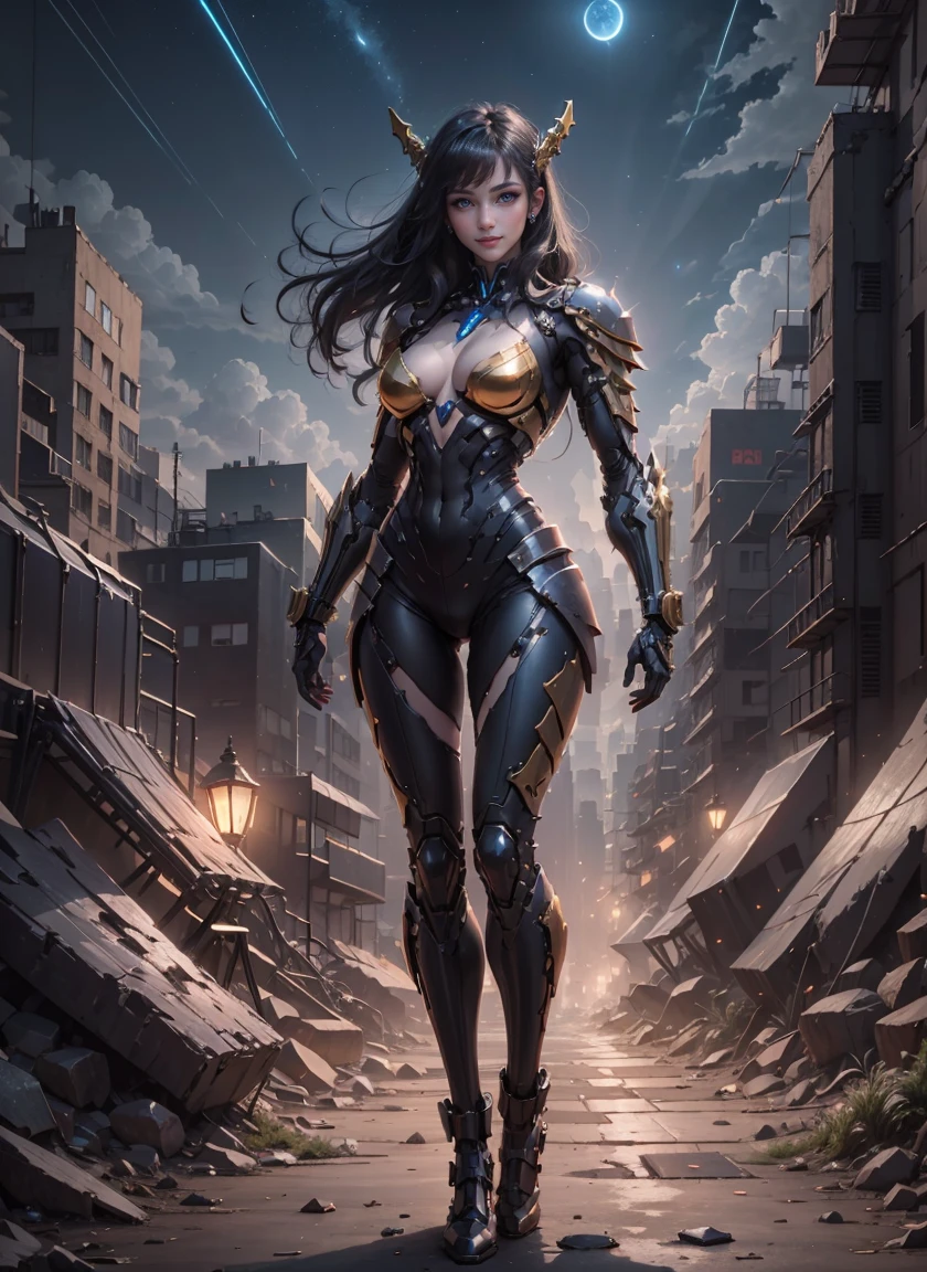 high definition (8k), Beautiful and detailed woman's defined body, blue black hair, Conan the Barbarian Cosplay’s Sexy Full Body Poses, medium breasts, blue, Red, white, High-tech gold, cyberpunk, futuristic, Landscape with night sky and clouds, official,