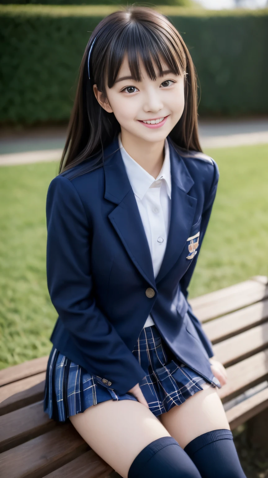 (8k, RAW photo, best quality, masterpiece:1.2), (realistic, photo-realistic:1.4), (extremely detailed 8k wallpaper), 1 girl, (school uniform, blazer), school, (navy blue plaid pleated skirt:1.2), school bag, The most beautiful Japanese model, -yeld fee model, bangs, A dark-haired, long bob hair, Middle hair, Straight hair, (Super cute face in idol style:1.4), slim and beautiful figure, sexy, beautiful breast, A smile, The background is school route in town, navy socks, black loafers, sit on a bench,