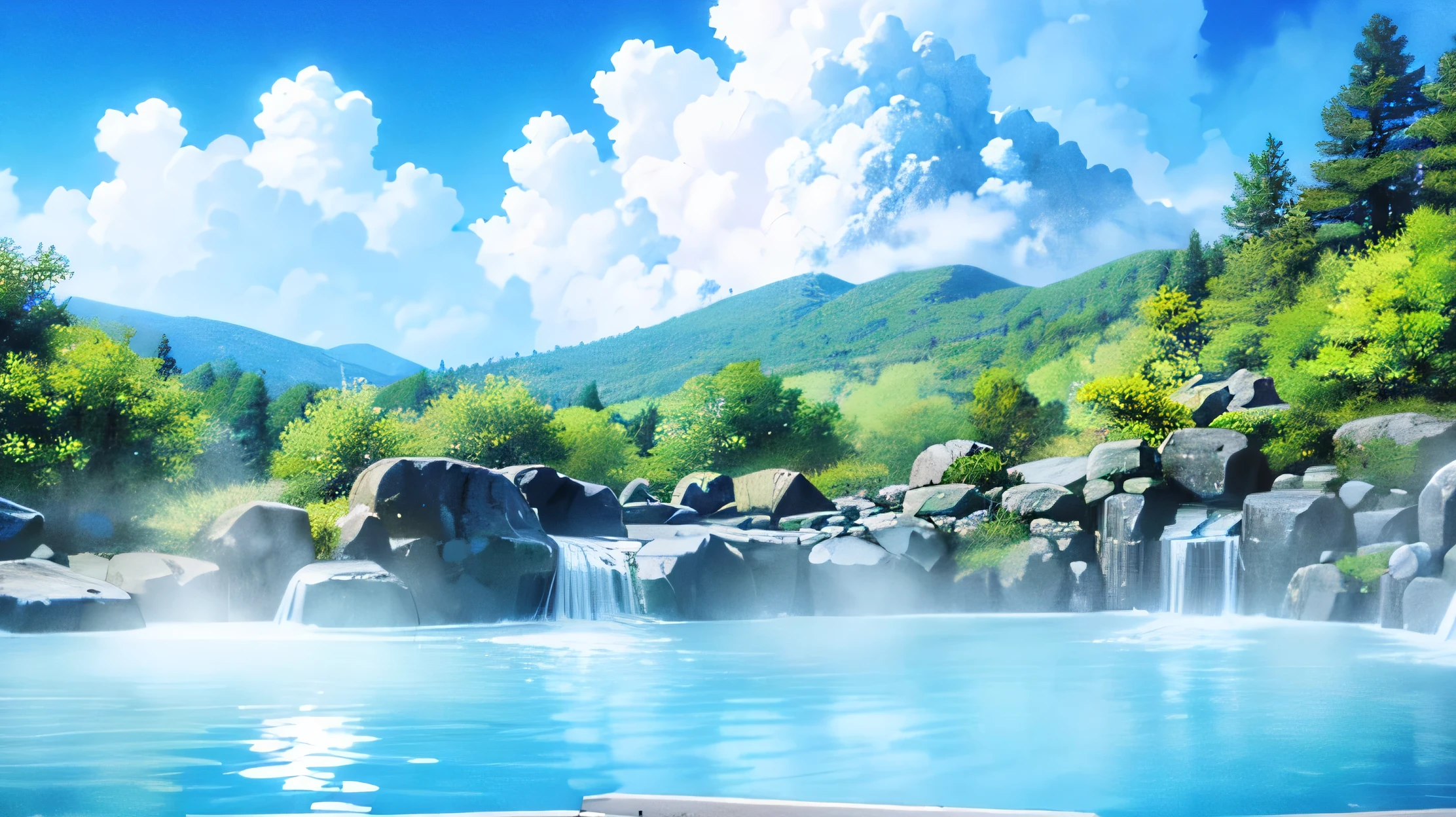 japanese onsen , hot spring, ((no character)),ultra detail,sunny, clear sky, steam, anime style