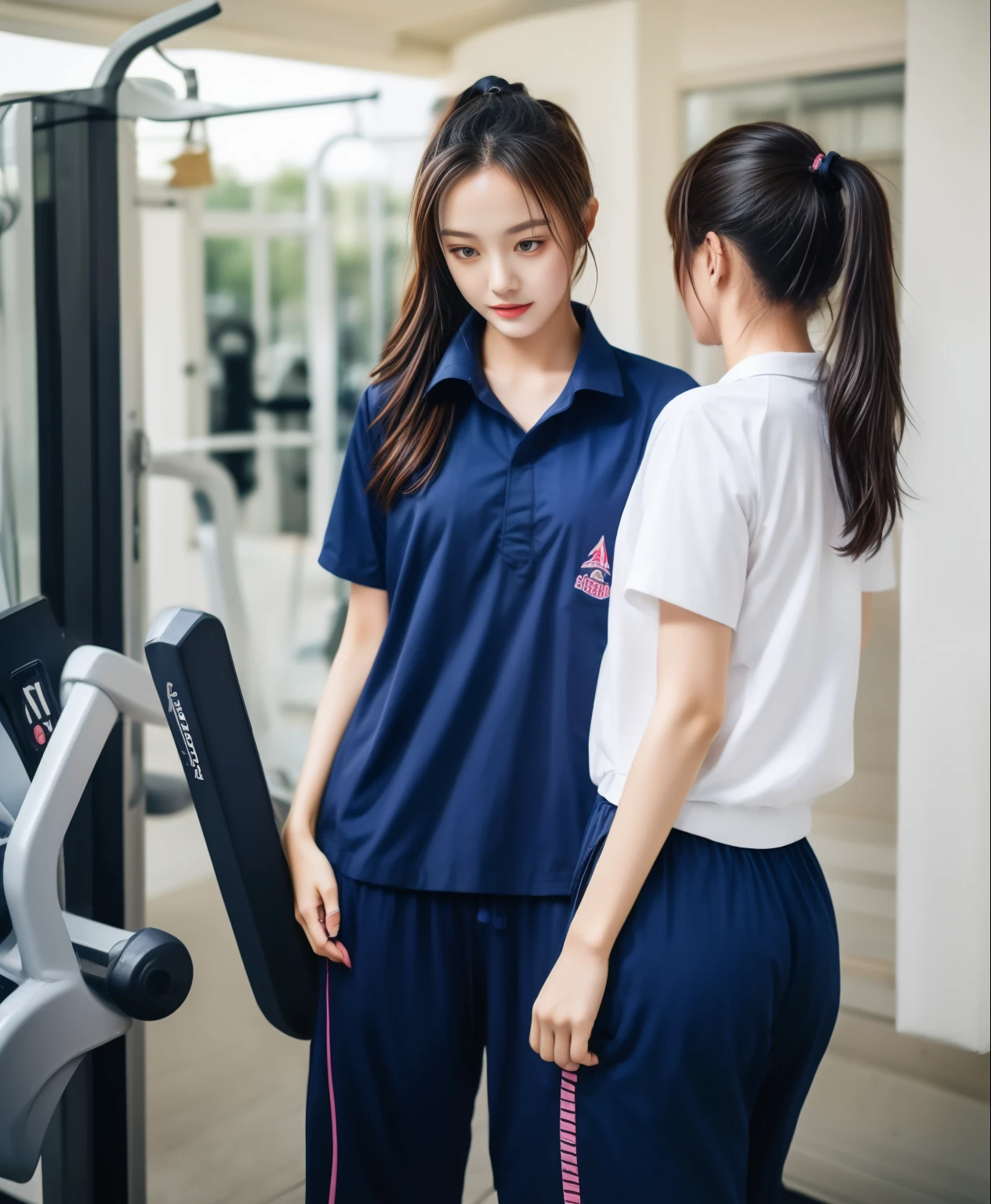 2 girls in fitness center, Navy blue short-sleeved shirt,Navy Long Trackpant,Sweatpants, Sweatpantsขายาว,25 year old girl, lesbian, sexy, exercise clothes, wet body, exercise clothes