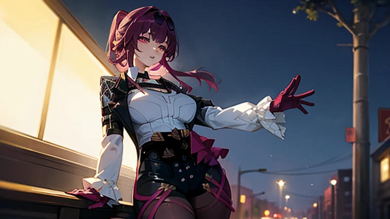 A sexy woman on the road at night,kafka,black  jacket,Purple gloves,
huge filesize,artbook,medium breasts,cinematic_angle,Black stockings,slender_waist,, (masterpiece, high resolution, best quality:1.4, breathtaking, ultra detailed)