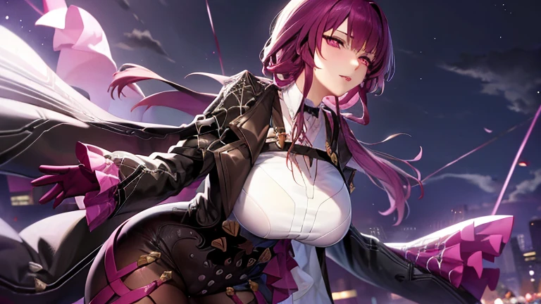 A sexy woman on the road at night,kafka,black  jacket,Purple gloves,
huge filesize,artbook,medium breasts,cinematic_angle,Black stockings,slender_waist,, (masterpiece, high resolution, best quality:1.4, breathtaking, ultra detailed)