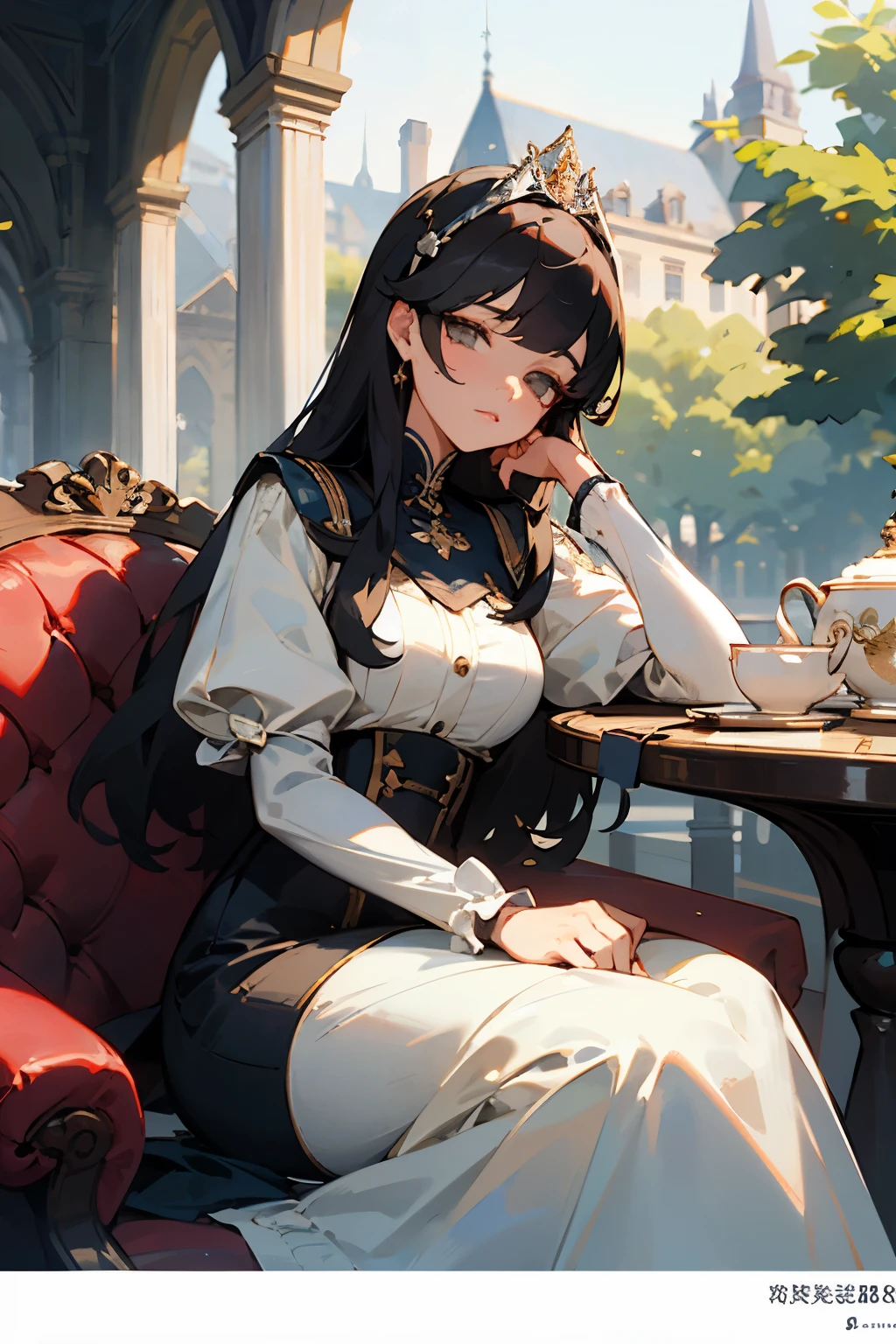 A beautiful and delicate princess and a dignified and wise female official. Sitting side by side in the courtyard drinking afternoon tea((best quality)), ((masterpiece)), (detailed), perfect face