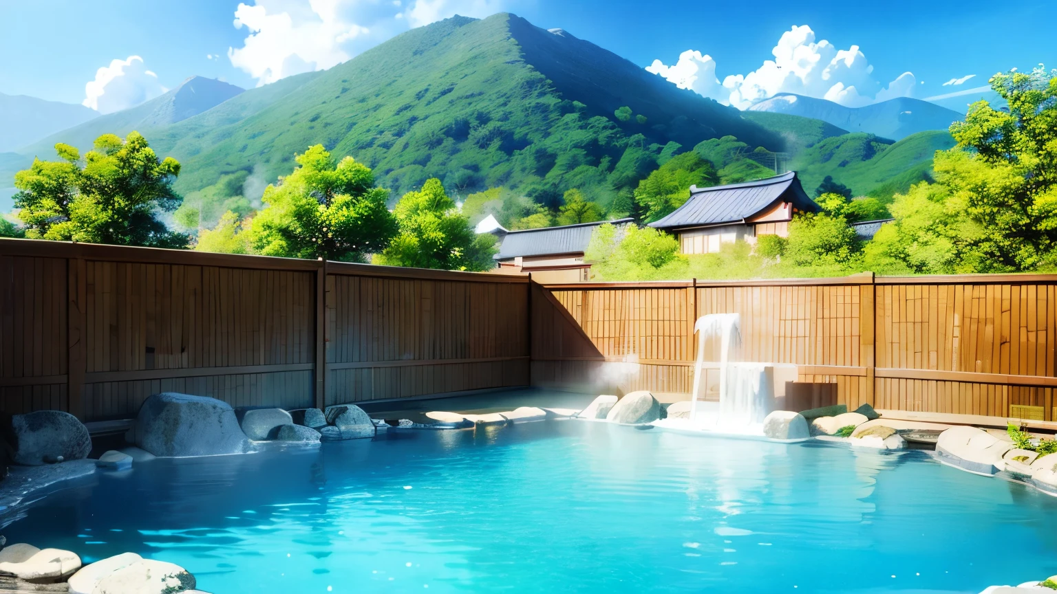 japanese onsen , hot spring, ((no character)),ultra detail,sunny, clear sky, steam, anime style