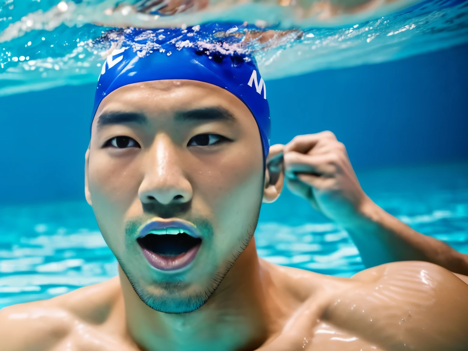 japanese men、male student、male swimming club member、male lifesaver、Male water polo player、shaved head man、dark skinned man、muscular man、man sinking in the bathtub、man sinking in the pool、man submerged in water、man diving underwater、A man wearing a black briefs swimsuit、man wearing a swim cap、man with open eyes、man with open mouth、man looking up to the sky、man with a sad expression、man being strangled、The whole body is shown、A man participating in a swimming competition、man swimming competitively、man at swimming school、male swimming instructor、One man、Male Players、A man wearing nothing on his upper body、A man pretending to be murdered、Young male actor playing a corpse、young man acting like he's dying、The man who plays the role of a drowned corpse、Suspense drama、mystery drama、shooting underwater、Young man playing the role of a corpse with open eyes
