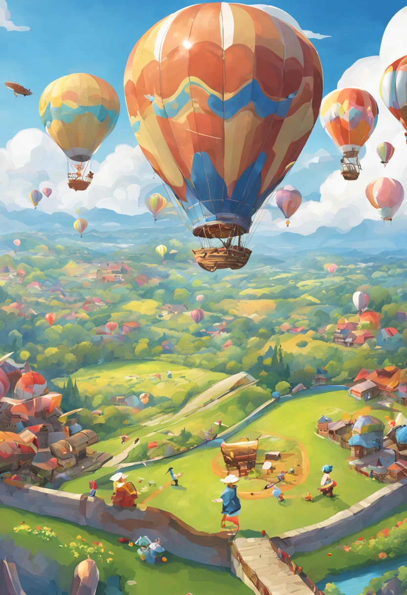 festival day、Pale shadows、Bright sunlight、cheerful atmosphere、expanse of landscape、peaceful meadow、colorful airship、both engines。