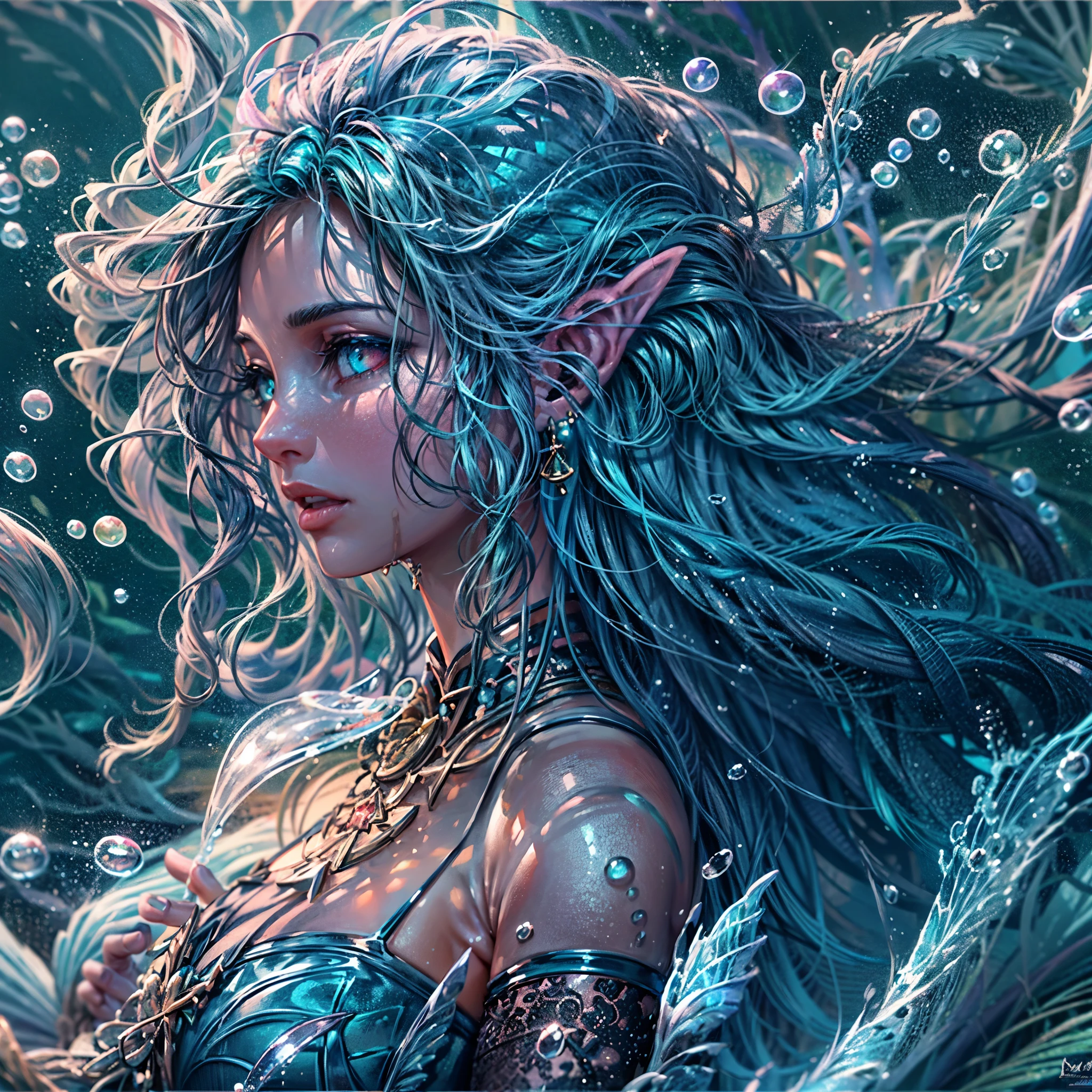 high details, best quality, 16k, [ultra detailed], masterpiece, best quality, (extremely detailed), dynamic angle, ultra wide shot, RAW, photorealistic, fantasy art, dnd art, rpg art, realistic art, an ultra wide picture of a mermaid(1.5 intricate details, Masterpiece, best quality) water mage casting ((water control spell)), water wizard ((water magic, intense magic details)), ((controlling a swirling mass of water)), magical symbols GlowingRunes_pink, female mermaid, blue skin, green hair, long hair, swirling hair, intense eyes, small pointed ears, ((blue eyes)), ((glowing eyes)), armed with magical wand, wearing sea shell clothing, beautiful mermaid, underwater background, rich underwater life, ((magical atmosphere)), fish and sea weeds, high details, best quality, highres, ultra wide angle