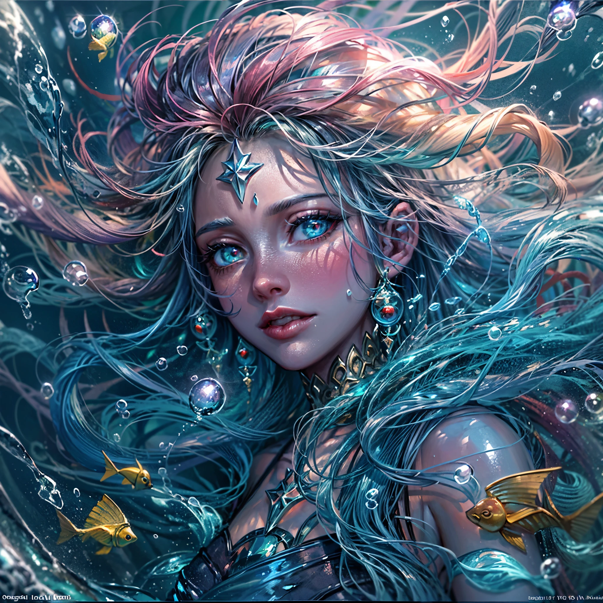 high details, best quality, 16k, [ultra detailed], masterpiece, best quality, (extremely detailed), dynamic angle, ultra wide shot, RAW, photorealistic, fantasy art, dnd art, rpg art, realistic art, an ultra wide picture of a mermaid(1.5 intricate details, Masterpiece, best quality) water mage casting ((water control spell)), water wizard ((water magic, intense magic details)), ((controlling a swirling mass of water)), magical symbols GlowingRunes_pink, female mermaid, blue skin, green hair, long hair, swirling hair, intense eyes, small pointed ears, ((blue eyes)), ((glowing eyes)), armed with magical wand, wearing sea shell clothing, beautiful mermaid, underwater background, rich underwater life, ((magical atmosphere)), fish and sea weeds, high details, best quality, highres, ultra wide angle