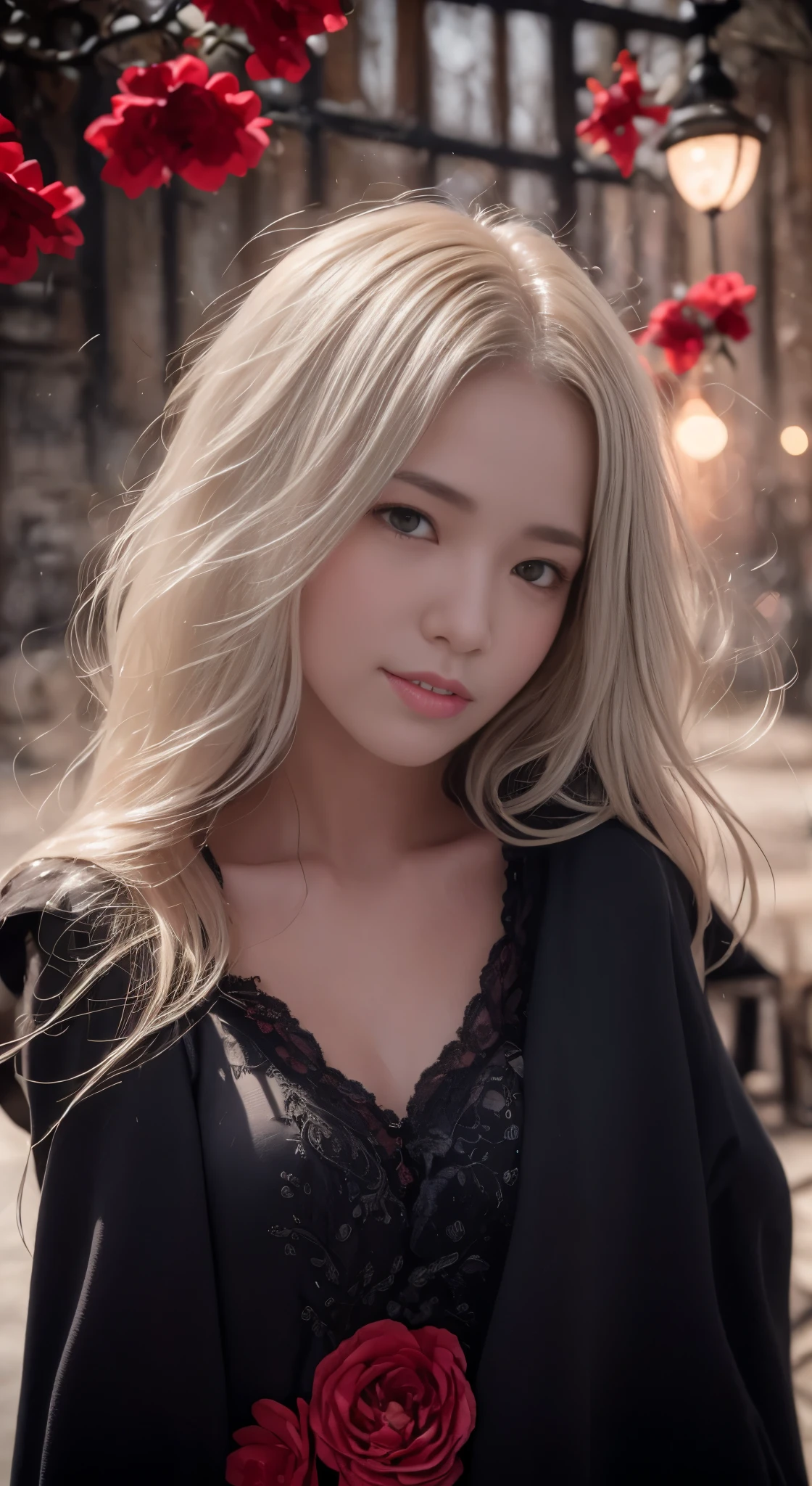 1girl,solo,1girl,solo,((beautiful detailed eyes)), (detailed light),depth of field,(white hair),silver eyes,hair over one eye,(red flower ), hair flower,long hair,black cloak,wet,emotionless,looking back,night,starfall,raining,fog,red flowers falling,sketch,upper body,intense shadows,
