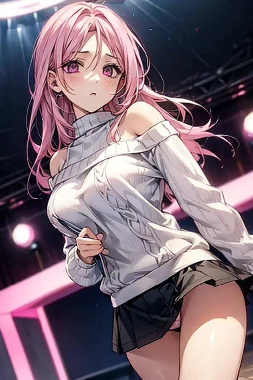 pink hair、pink eyes、big breasts、(No underwear)、pussy show off、mini skirt、knit sweater、off shoulder、((Show off your crotch))、nipple、turn up the skirt、1 girl