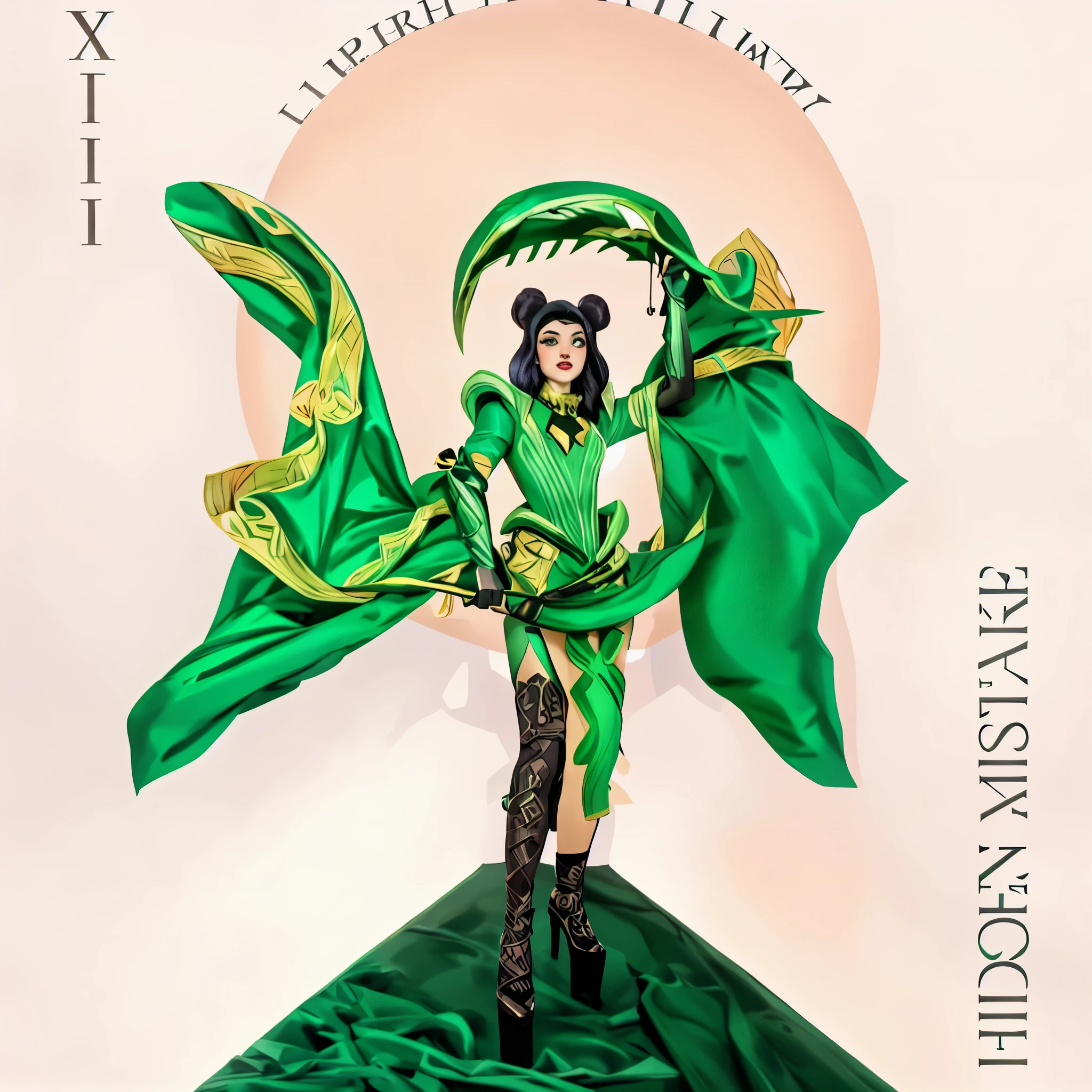 there is a statue of a woman dressed in green holding a green umbrella, inspired by Hedi Xandt, by Hedi Xandt, cover shot, billie eilish as female loki, with a green cloak, natalie shau, by Félix Labisse, billie eilish as loki, by Adélaïde Victoire Hall, art cover