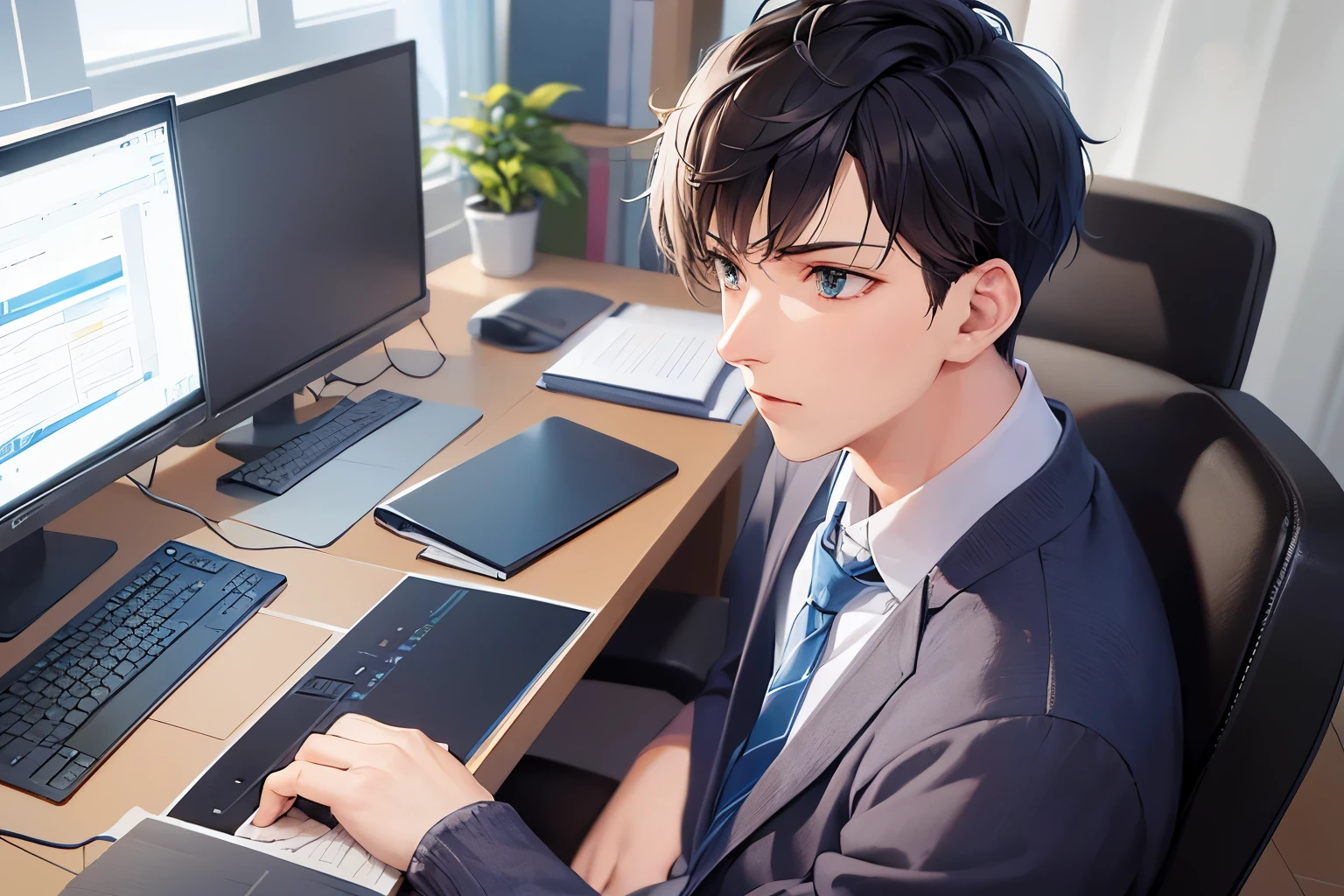 dutch angle, (looking away:1.5), masterpiece、high quality、25-year-old man with short black hair and green eyes、Wearing a white Y-shirt、Wearing a dark blue tie、(Alone:1.5)、(Expressionless:1.1)、sitting、The background is an office、computer、