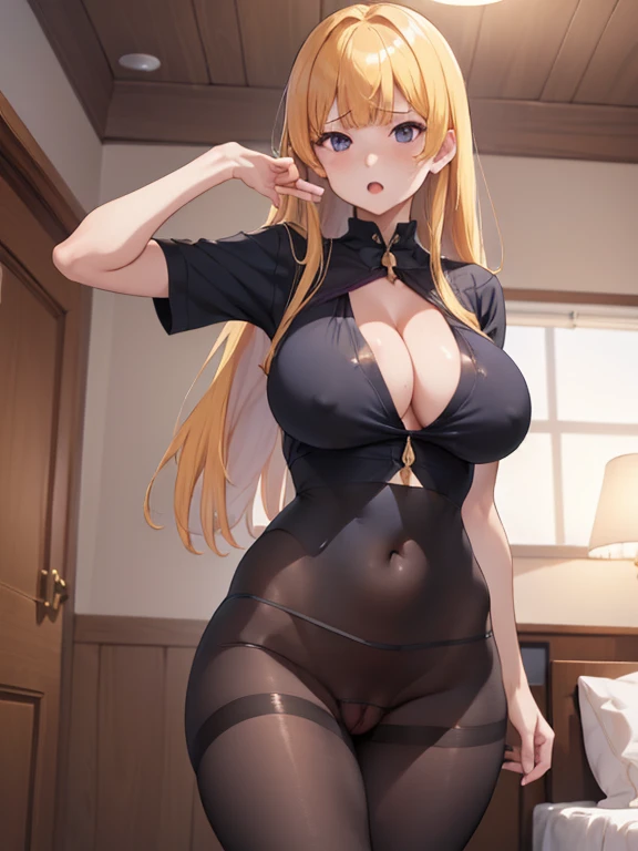 top-quality、Full limbs、complete fingers、from below、(1 beautiful woman,super beautiful face、very embarrassed:1.5)、sweat、Slender beauty、straight haired、Bright blonde hair、office uniform、(covered nipples:0.9)、breasts、(((very skinny)))、cleavage、(Proudly:1.4)、White pantyhose、hotel room、on bed、used condom、(((((vulgarity)))))、open mouth、spoken heart、(gravure pose:1.5)、(super Sagging Breasts:1.5)、