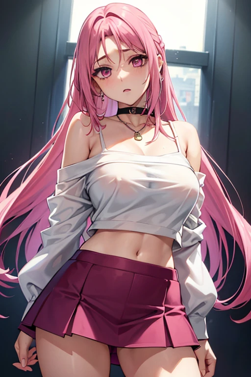 pink hair、pink eyes、big breasts、(No underwear)、pussy show off、mini skirt、knit sweater、off shoulder、((Show off your crotch))、nipple、turn up the skirt、choker necklace