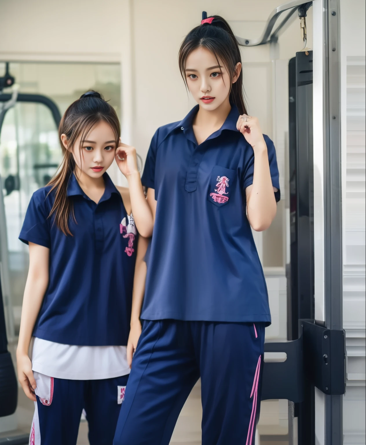2 girls in fitness center, Navy blue short-sleeved shirt,Navy Long Trackpant,Sweatpants, Sweatpantsขายาว,25 year old girl, lesbian, sexy, exercise clothes, wet body, exercise clothes