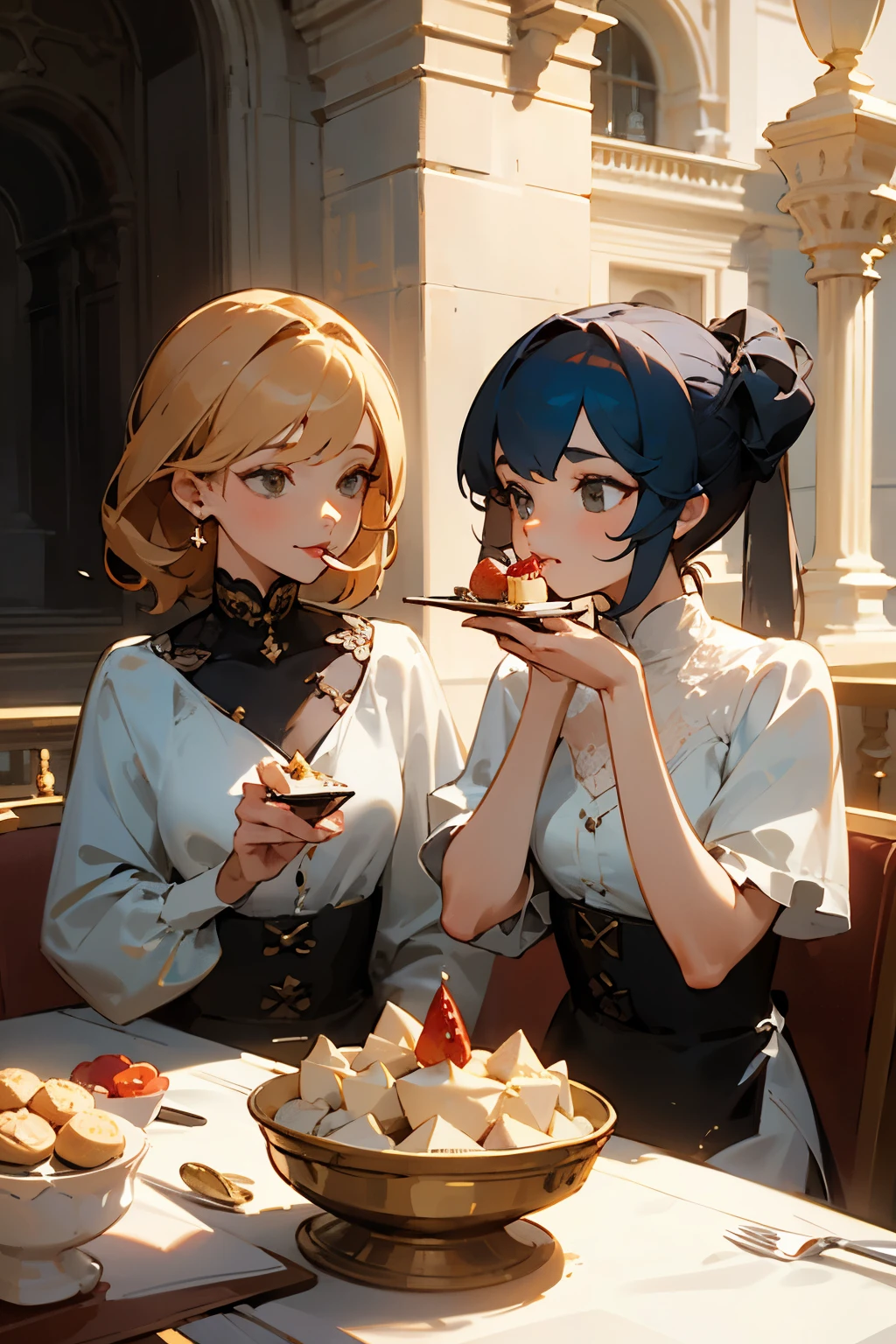 Two women sitting in the courtyard eating small desserts((best quality)), ((masterpiece)), (detailed), perfect face