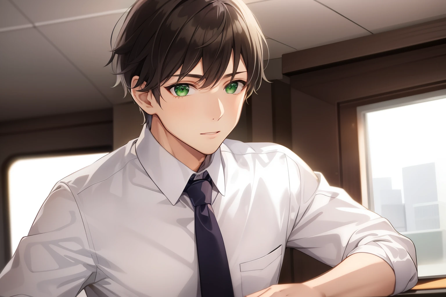 green eyed man、Wearing a green tie