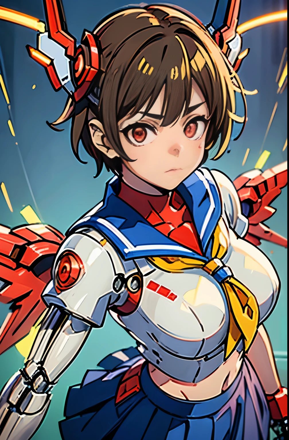 1girl solo,Standing depiction、(Large symmetrical mechanical wings:1.6)、((kasugano sakura:1.3))、(Symmetrical mechanical headgear:1.6)、Beauty Cyborg, Cyborg - beautiful woman with brown short bob hair perfect anime cyborg woman, cute cyborg beauty, beautiful cyborg beauty, cyborg girl, (Perfect android beauty), (perfect cyborg woman), (Cyborg - Girl), (beautiful female cyborg)、 beautiful white girl cyborg, beautiful female android, Beautiful and attractive female cyborg、walk、full body description、(Mechanical sailor suit:1.5)、(mechanical ruffle skirt:1.5)、((Combat readiness))、(Glowing red mechanical eyes:1.9), brown hair, short hair, bangs, Ahoge,(head band), ((Gray uniform:1.4)), puffy sleeves, crop top, yellow neckerchief, ((gray skirt:1.4)), fingerless gloves, thighs thighs thighs, white socks, red footwear,Expressionless、(table top, highest qualityの, highest quality, beautiful and aesthetic: 1.2), very detailed, more detailed,Proper body proportions,table top,Super high quality output image,High resolution,intricate details,very delicate and beautiful hair,realistic pictures,dream-like,professional lighting,realistic shadow,focus only,Anime one、finding stance, punching, finding,raise one leg、cel anime