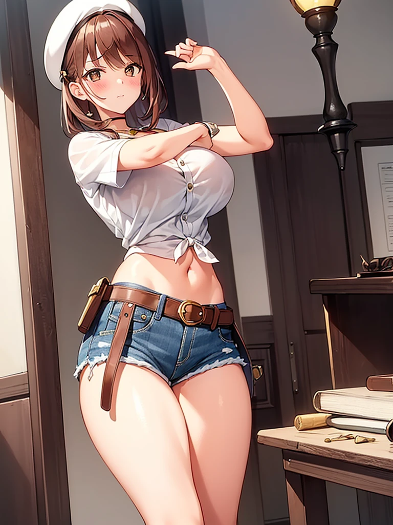 1 girl, riser, ((white shirt)), ((blush:1.2)), huge breasts, Naughty big breasts, ((long slender legs)), ((thin waist)), thighs, beret, denim shorts, Thighhighs, Right hand glove, cowboy shot, Curvaceous, Pose that emphasizes the chest, Beautiful woman, pretty face, squint your eyes