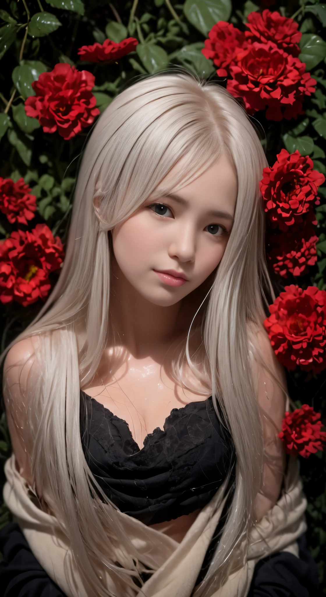 1girl,solo,1girl,solo,((beautiful detailed eyes)), (detailed light),depth of field,(white hair),silver eyes,hair over one eye,(red flower ), hair flower,long hair,black cloak,wet,emotionless,looking back,night,starfall,raining,fog,red flowers falling,sketch,upper body,intense shadows,
