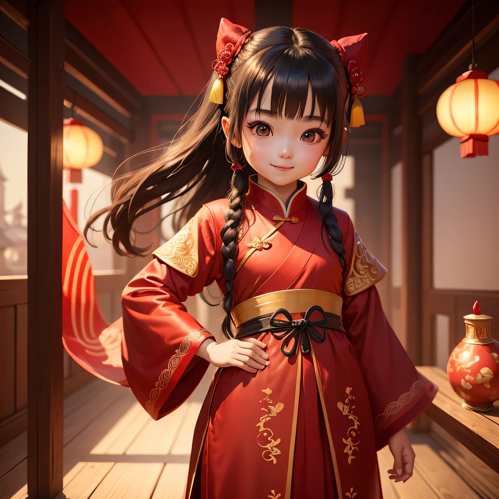 Cute  girl wearing red Hanfu，festive atmosphere，festive atmosphere（1.5）chinese princess，beautiful figure painting，Chinese fantasy，Detailed digital animation art，8k，High quality artistic details，big eyes，Smile，Confident Chinese girl，permanent，face forward，Smile着，all heights