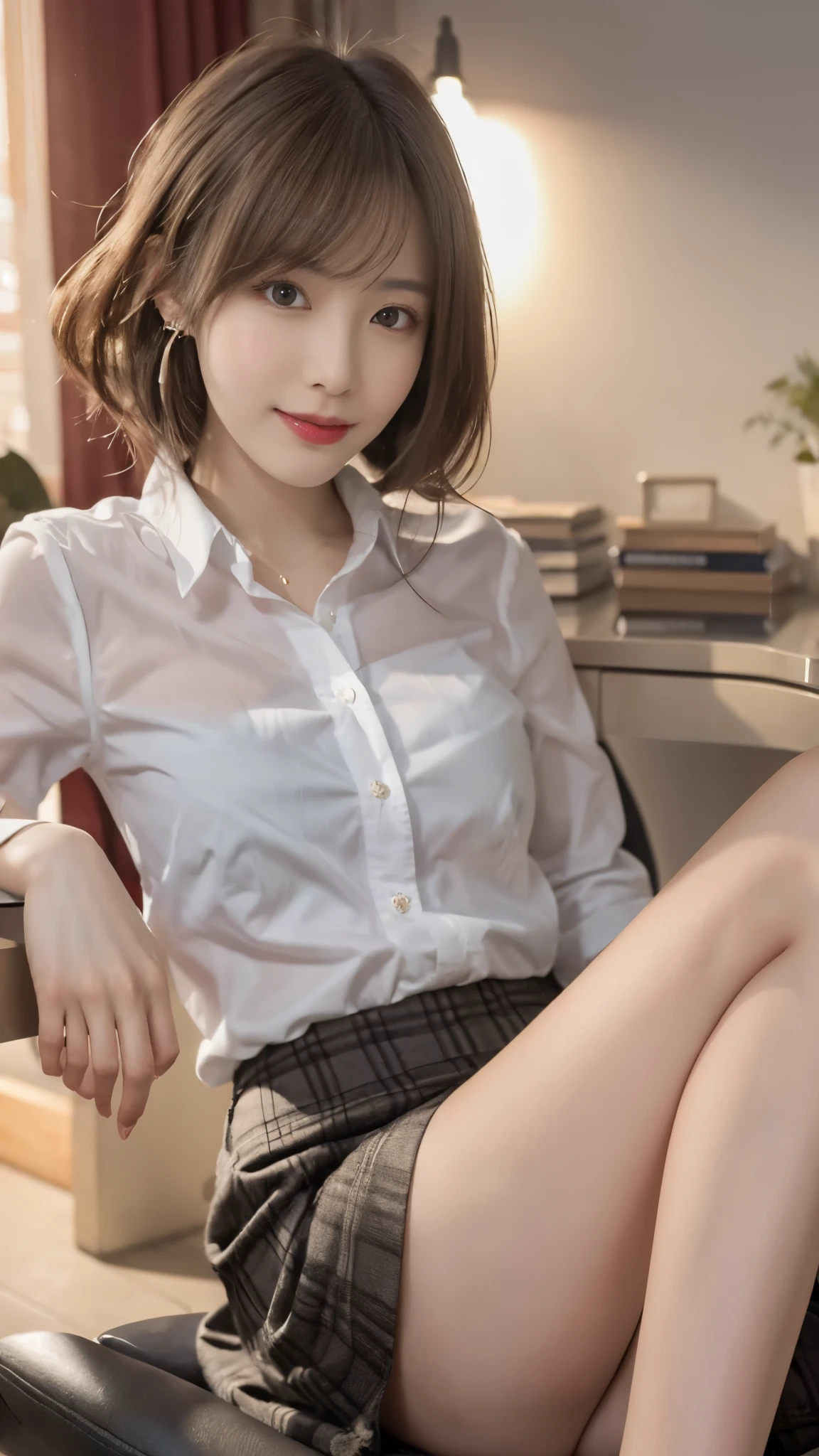 beautiful japanese woman，Photos taken by a professional photographer，Fancy makeup with red eyeshadow，double eyelid，The best smile，Delicate brown hair with short cut and side waves，big ring earrings，elegant legs，Wearing black high heels，long and thin legs, white shirt and super miniskirt, long legs, standing during class, very beautiful slim legs, とても美しいlong and thin legs, sitting at desk, Business service, beautiful feet, good  and long legs, beautiful feet, surreal high school girl, cleavage, sitting on a black box，