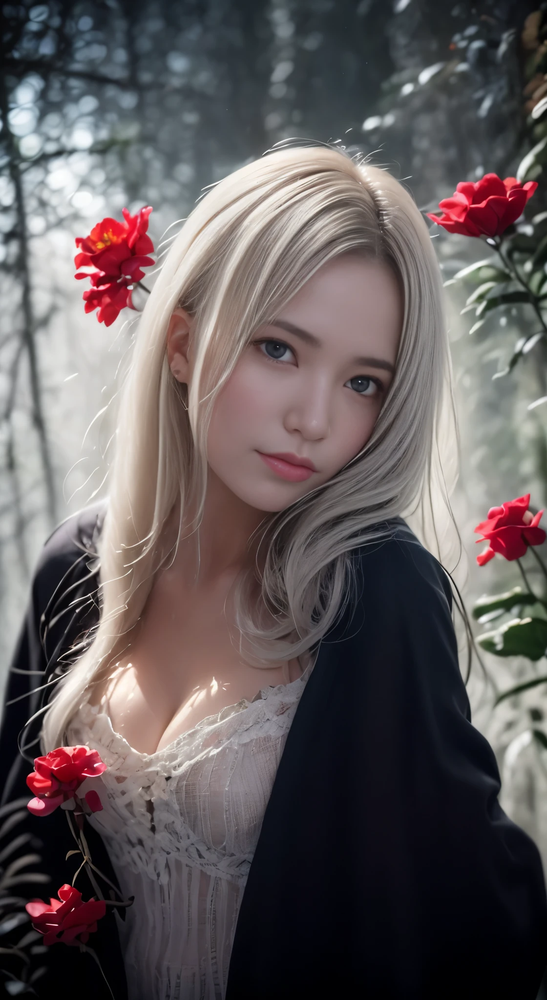 1girl,solo,1girl,solo,((beautiful detailed eyes)), (detailed light),depth of field,(white hair),silver eyes,hair over one eye,(red flower ), hair flower,long hair,black cloak,wet,emotionless,looking back,night,starfall,raining,fog,red flowers falling,sketch,upper body,intense shadows,