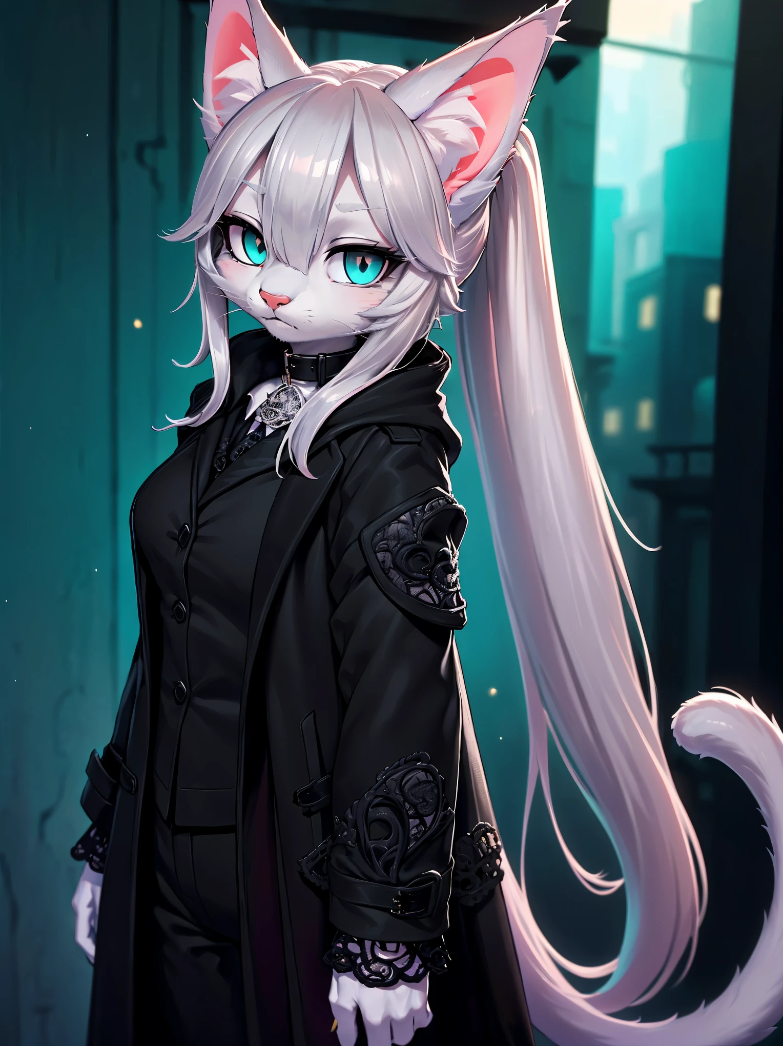 (cowboy shot), (detailed snout:1.3), highly detailed, furry, Anthro, (adult), (1female), (adult cat girl), (fluffy fur:1.2), (pinkish fur:1.4), (fluffy cat tail), (silver long hair:1.6), (ponytail:1.2), (hair over one eye:1.2), (silver cat ears:1.6), (teal cat eyes:1.2), {cat's pupil}, medium breasts, wearing a black collar, comfy clothes, (wearing an intricate black suit:1.6), (long black coat:1.6), (silk white gloves), back-alley scenery, backlighting, (serious:1.2) (empty eyes:1.4), looking at the viewer