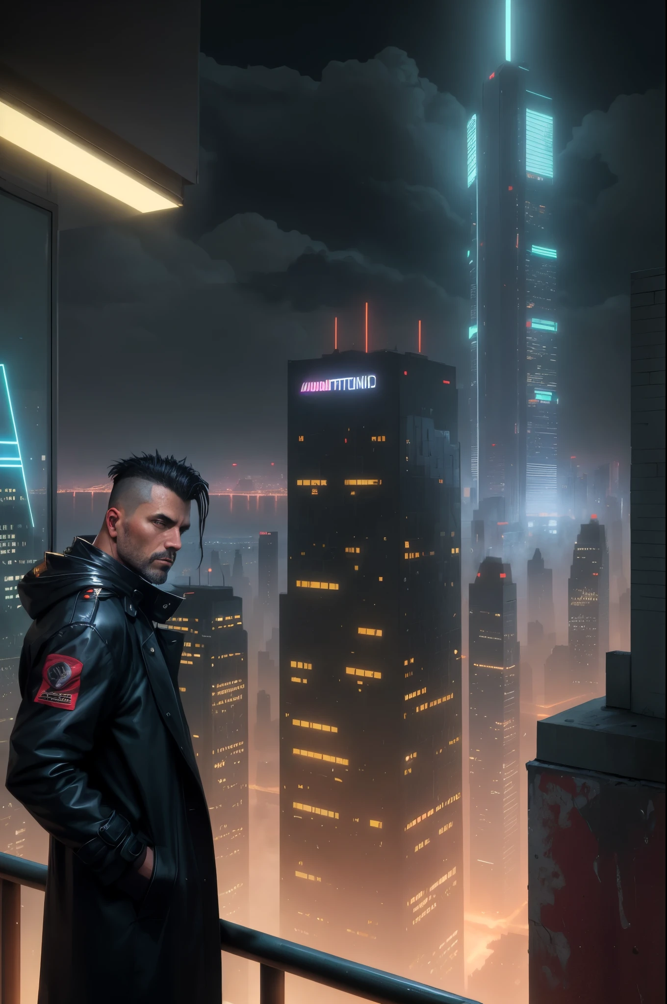 A man, 45 years old, brown eyes, black hair, shaved on the sides, combed back, unshaven, wearing a dark trench coat with the collars turned up. Hands in his pockets, He is leaning against the parapet of a building, He is on top of a building watching the skyline at night of the cyberpunk city below in the background. Background futuristic cyberpunk make it realistic, Blade Runner, A super technological city with tall buildings, Buildings illuminated with colored lights, fundo escuro,8k, ultra hd