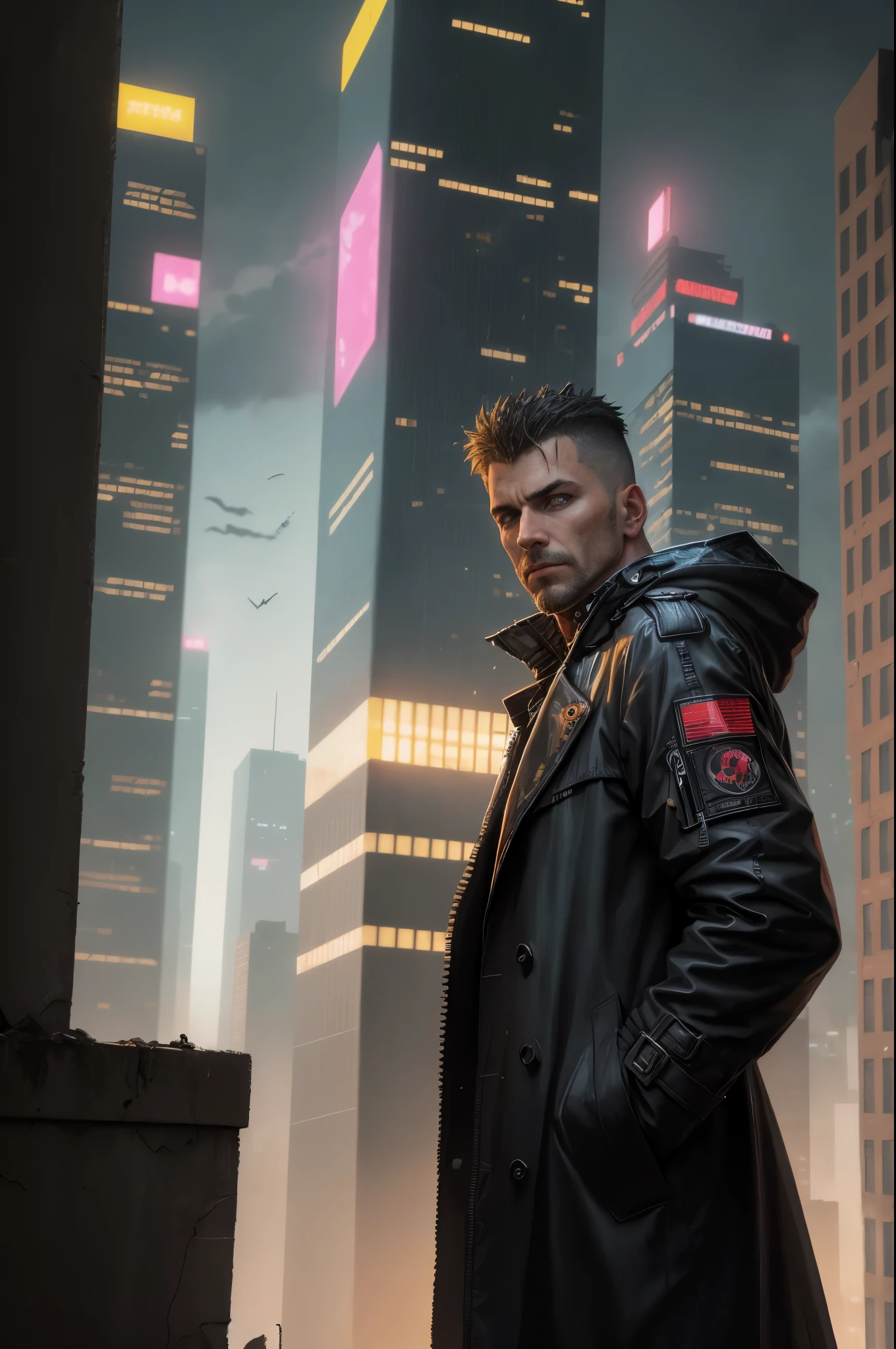 A man, cyberpunk, 45 years old, brown eyes, black hair, shaved on the sides, combed back, unshaven, wearing a dark trench coat with the collars turned up. Hands in his pockets, He is leaning against the parapet of a building, He is on top of a building watching the skyline at night of the cyberpunk city below in the background. Background futuristic cyberpunk make it realistic, Blade Runner, A super technological city with tall buildings, Buildings illuminated with colored lights, fundo escuro,8k, ultra hd