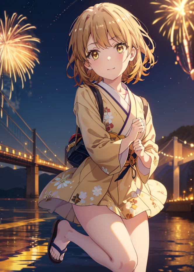 irohaisshiki, Isshiki Iroha, short hair, brown hair, (brown eyes:1.5), short hair,Flower bite,smile,Yellow yukata、Zori sandals,ability、fireworks in the night sky、skyrocket、The place is a fireworks display、Time is night、sunny day、turn around、全身がイラストに入るようにbreak looking at viewer,break (masterpiece:1.2), highest quality, High resolution, unity 8k wallpaper, (figure:0.8), (beautiful and fine eyes:1.6), highly detailed face, perfect lighting, Very detailed CG, (perfect hands, perfect anatomy),