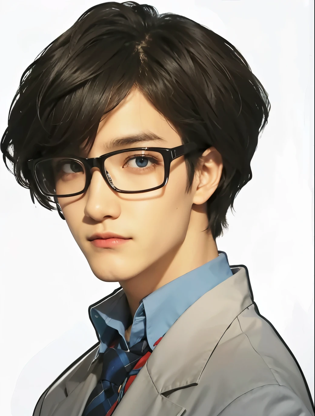 Glasses,white clothes,blue checked tie,eyes are black,Divided into 73,light blue shirt,a little on the chin々stubble,black hair,photograph,8K,highest quality,best details