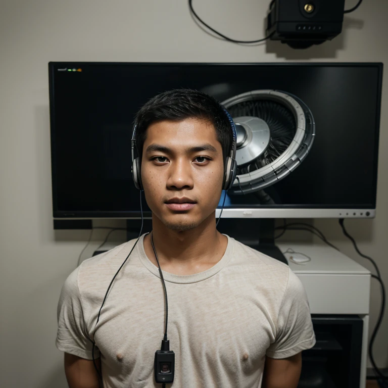 Hyperrealistic pictures of a handsome Indonesian student. One student is standing. With brainwash headset in his head for mind controlling him. The cables was connect to the monitor.