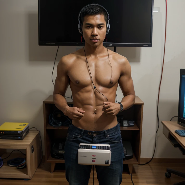 Hyperrealistic pictures of a handsome Indonesian student. One student is standing. With brainwash headset in his head for mind controlling him. The cables was connect to the monitor. 