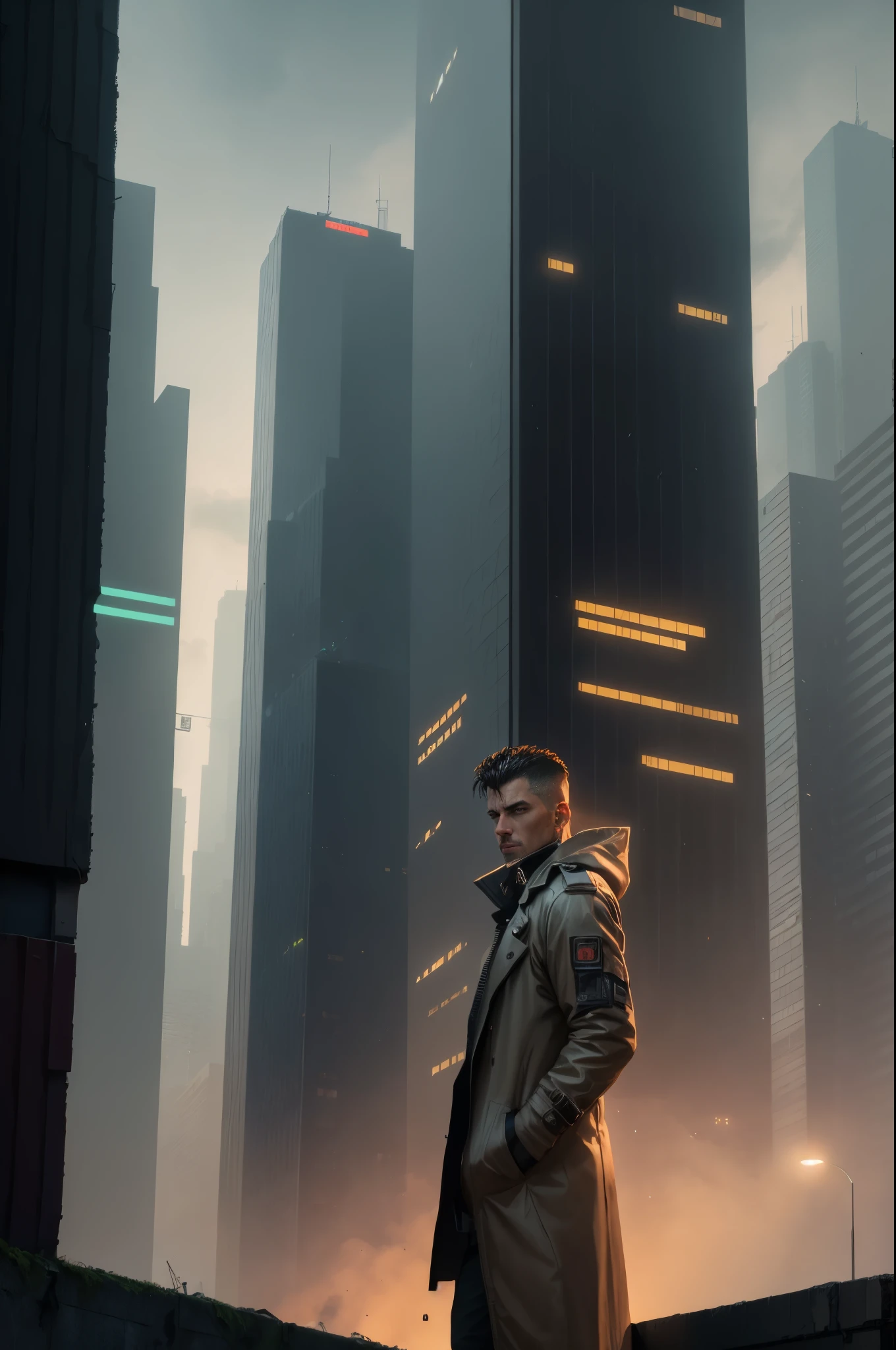 A man, cyberpunk, 45 years old, brown eyes, black hair, shaved on the sides, combed back, unshaven, wearing a dark trench coat with the collars turned up. Hands in his pockets, He is leaning against the parapet of a building, He is on top of a building watching the skyline at night of the cyberpunk city below in the background. Background futuristic cyberpunk make it realistic, Blade Runner, A super technological city with tall buildings, Buildings illuminated with colored lights, fundo escuro,8k, ultra hd
