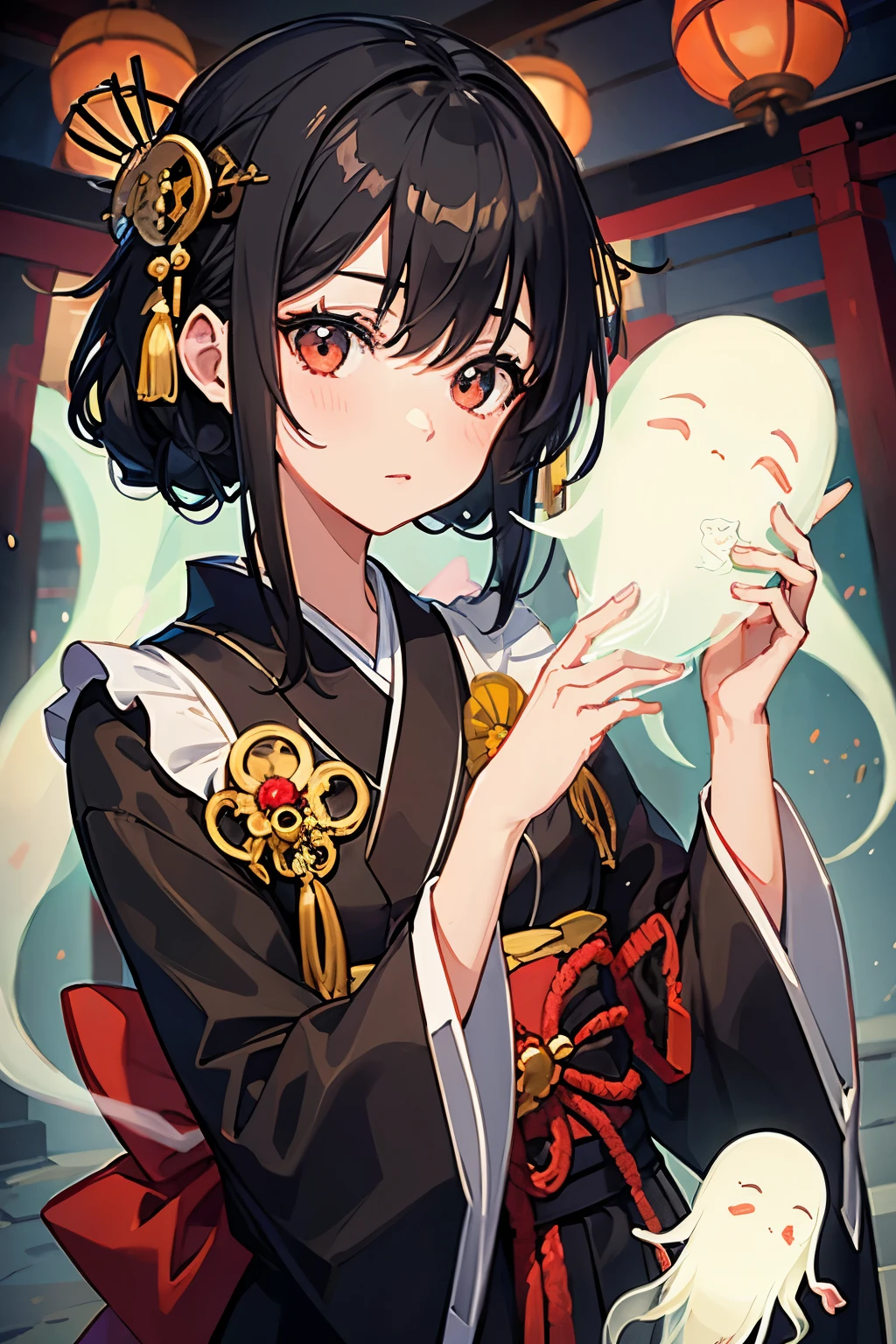 ((Masterpiece)), ((Beautiful)), (2d), ((ghost girl)), scary, black hair, transparent, shinto shrine