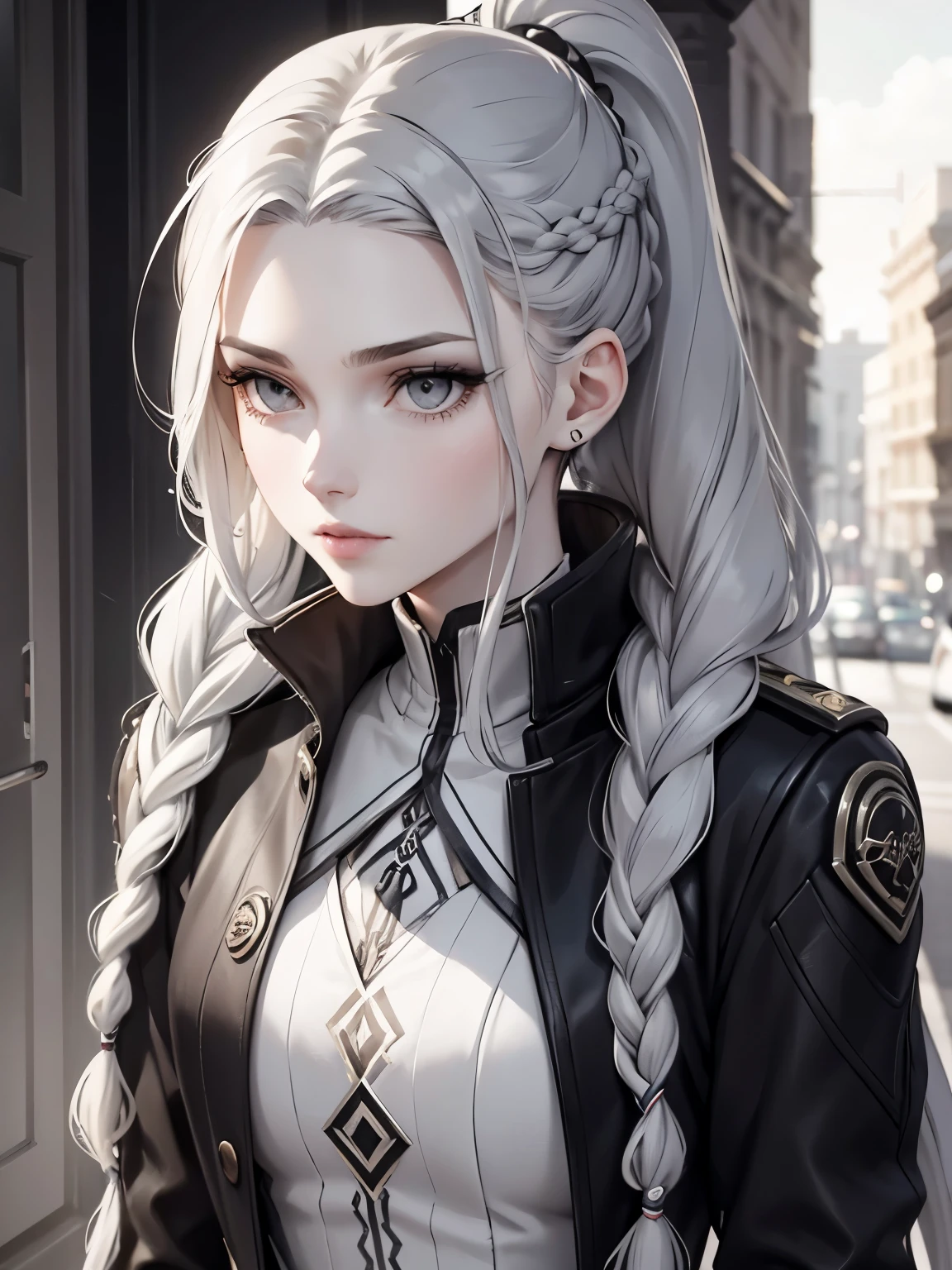 Cassandra is a tall young woman in her 20s with pale skin., gray eyes and white wavy hair with gray streaks, braided into a high ponytail with many small braids. Two strands of hair and asymmetrical bangs go down the sides of the face