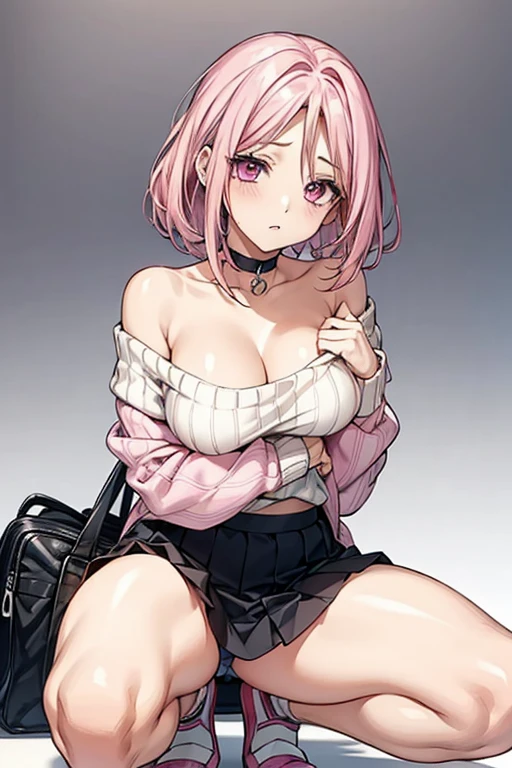 pink hair、pink eyes、big breasts、(No underwear)、((show))、mini skirt、knit sweater、off shoulder、show off your crotch、nipple、(squatting)、choker、1 girl、