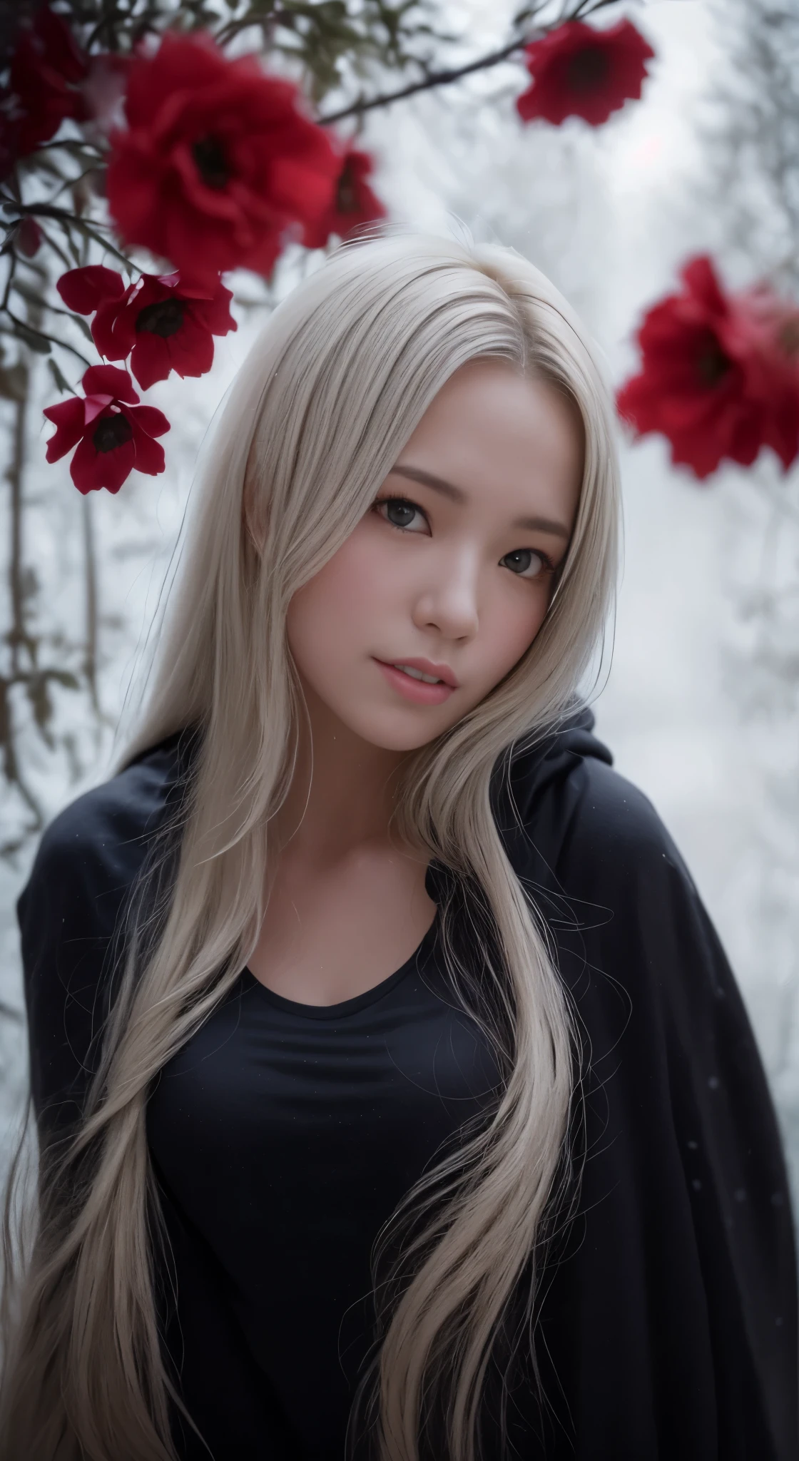 1girl,solo,1girl,solo,((beautiful detailed eyes)), (detailed light),depth of field,(white hair),silver eyes,hair over one eye,(red flower ), hair flower,long hair,black cloak,wet,emotionless,looking back,night,starfall,raining,fog,red flowers falling,sketch,upper body,intense shadows,