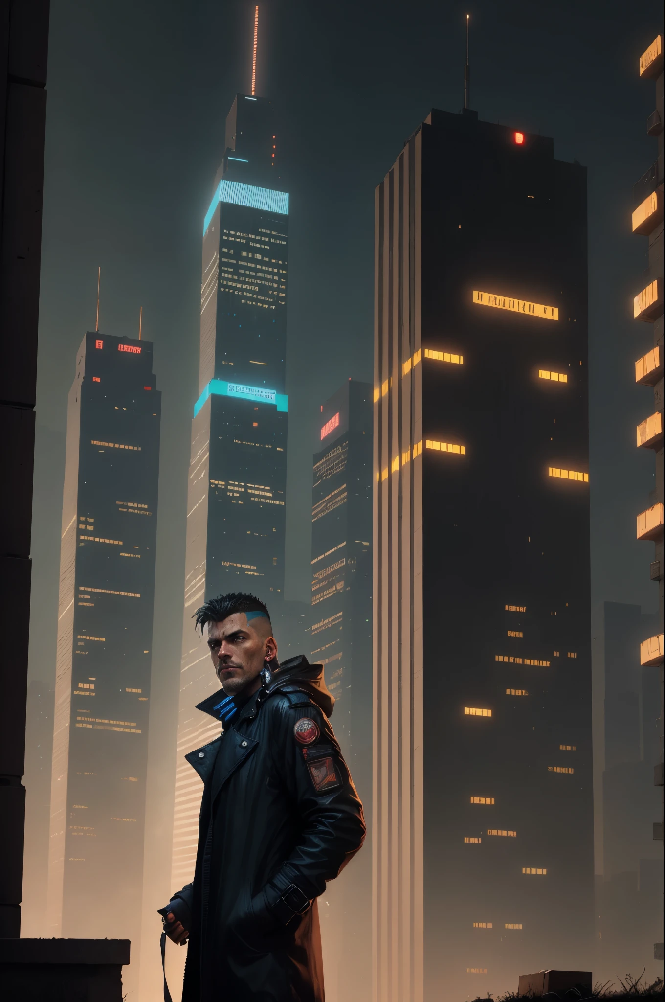 A man, cyberpunk, 45 years old, brown eyes, black hair, shaved on the sides, combed back, unshaven, wearing a dark trench coat with the collars turned up. Hands in his pockets, He is leaning against the parapet of a building, He is on top of a building watching the skyline at night of the cyberpunk city below in the background. Background futuristic cyberpunk make it realistic, Blade Runner, A super technological city with tall buildings, Buildings illuminated with colored lights, fundo escuro,8k, ultra hd