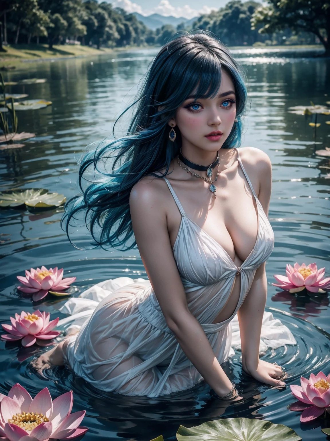 A girl floting on lotus lake, lake is full of lotus, colourfull lotus, water shining, girl wearing white dress, voluptuous body, holding lotus, she have blue hair, blue eyes, double eyelashes, eyeshadow, pink lipstick, nose, collar bone, high quality image, masterpiece quality, ultra detailed image, super detailed image, 32k 64k, 1080p, sharp image, high resolution, 