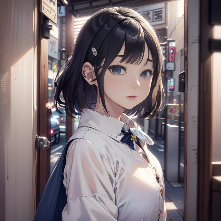 「highest quality、masterpiece、An illustration、very delicate and beautiful、very detailed、cg、8k wallpaper、wonderful、small details、masterpiece、最高の究極の芸術very detailed cg Unity 8k wallpaper」、japanese girl、(((huge breasts 1:1)))、(((Super Big 1:2)))、(((Pee)))、(((black hair)))、(((medium short hair)))、(((White Button Shirt)))、(((Navy cardigan)))、(((carrying a black school bag)))