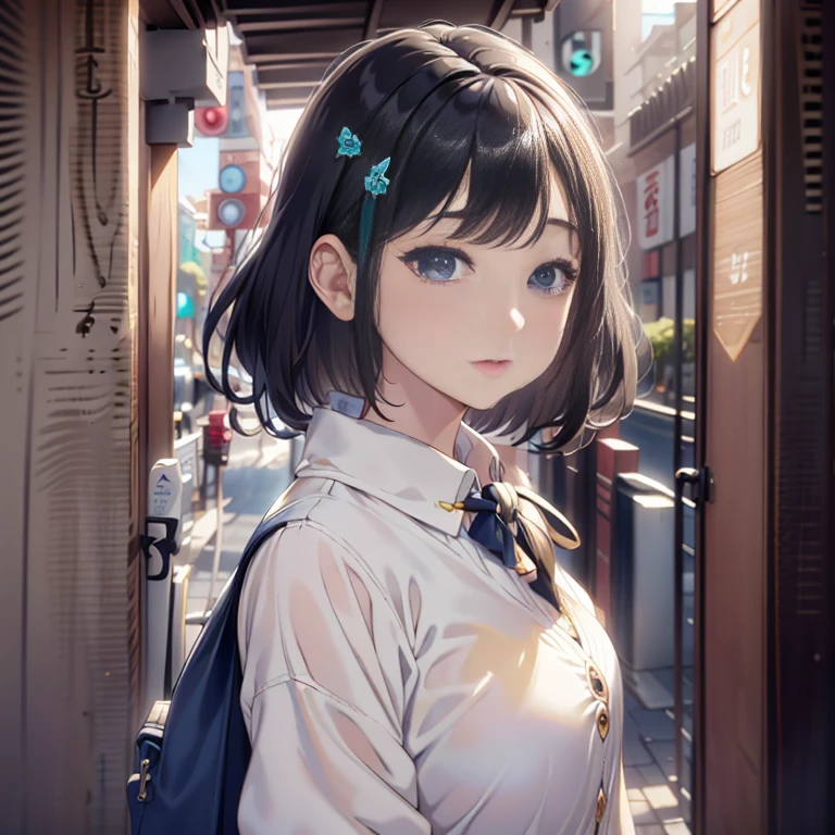 「highest quality、masterpiece、An illustration、very delicate and beautiful、very detailed、cg、8k wallpaper、wonderful、small details、masterpiece、最高の究極の芸術very detailed cg Unity 8k wallpaper」、japanese girl、(((huge breasts 1:1)))、(((Super Big 1:2)))、(((Pee)))、(((black hair)))、(((medium short hair)))、(((White Button Shirt)))、(((Navy cardigan)))、(((carrying a black school bag)))