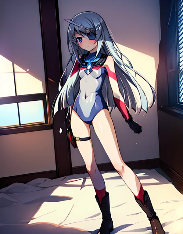 highest quality,sleep on your back in bed，Crab crotch，show me your boots，Leotard sneak peek，glove，elegant, 1 girl, ultraman bodysuit ，cute, blushed, looking at the viewer, from below, prison，blue eyes, beautiful eyes, beautiful background, particles of light, Light of the sun, dramatic lighting, outside, shiny, realistic, table top, highest quality, Super detailed, get used to it, scenery, beautiful and detailed eyes, thin hair，full body shot，