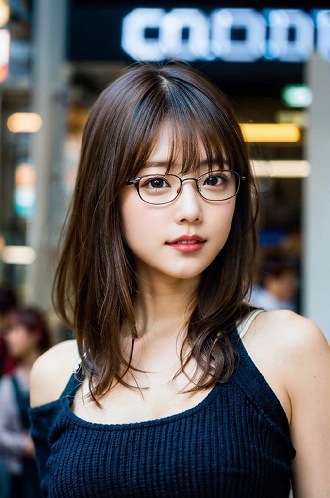Kyoto、A charming town、Piece towards the camera、(8K、Raw photo、highest quality、masterpiece:1.2)、(realistic、Photoreal:1.37)、super detailed、Super high resolution、1 girl、see the beholder、beautiful and detailed face、laughter、narrow、(slim waist) :1.3)、((knitted clothes))、Beautiful and smooth skin、skin texture、floating hair、((tied one&#39;s hair together))、good shape big breasts、professional lighting、In front of the station at noon、((Black square glasses))、human body as a whole、brown hair、