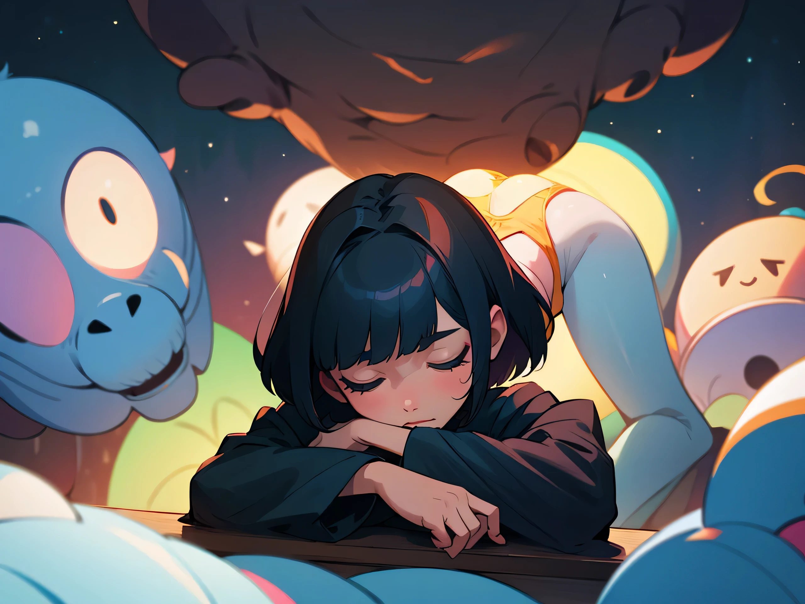 A woman with short black bob hair is sleeping face down on a desk.