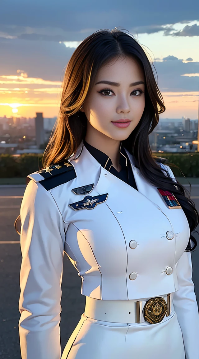 (Best quality, 8k, 32k, Masterpiece, UHD:1.2), (realistic:1.5), (masterpiece, Extremely detailed CG unity 8k wallpaper, best quality, highres:1.2), (ultra detailed, UHD:1.2), Photo of extremely cute and beautiful Japanese woman, (chestnut long wavy hair:1.2), adult, (detailed beautiful girl:1.4), best quality, woman, adult, (detailed US air-force pilot uniform:1.5), (white pilot captain jacket:1.3), (black high-waist pencil skirt:1.3), (Beautiful sunset US air force base runway view background:1.2), embarrassed laughing:1, looking at viewer, facing the viewer, ((perfect female body)), (narrow waist:1.2), (upper body image:1.3), slender, abs, (large breasted:1.25), frame the head, wind, dynamic pose, cinematic light, back light, detailed clothes, perfect anatomy, perfect proportion, detailed human body, stylish model pose,