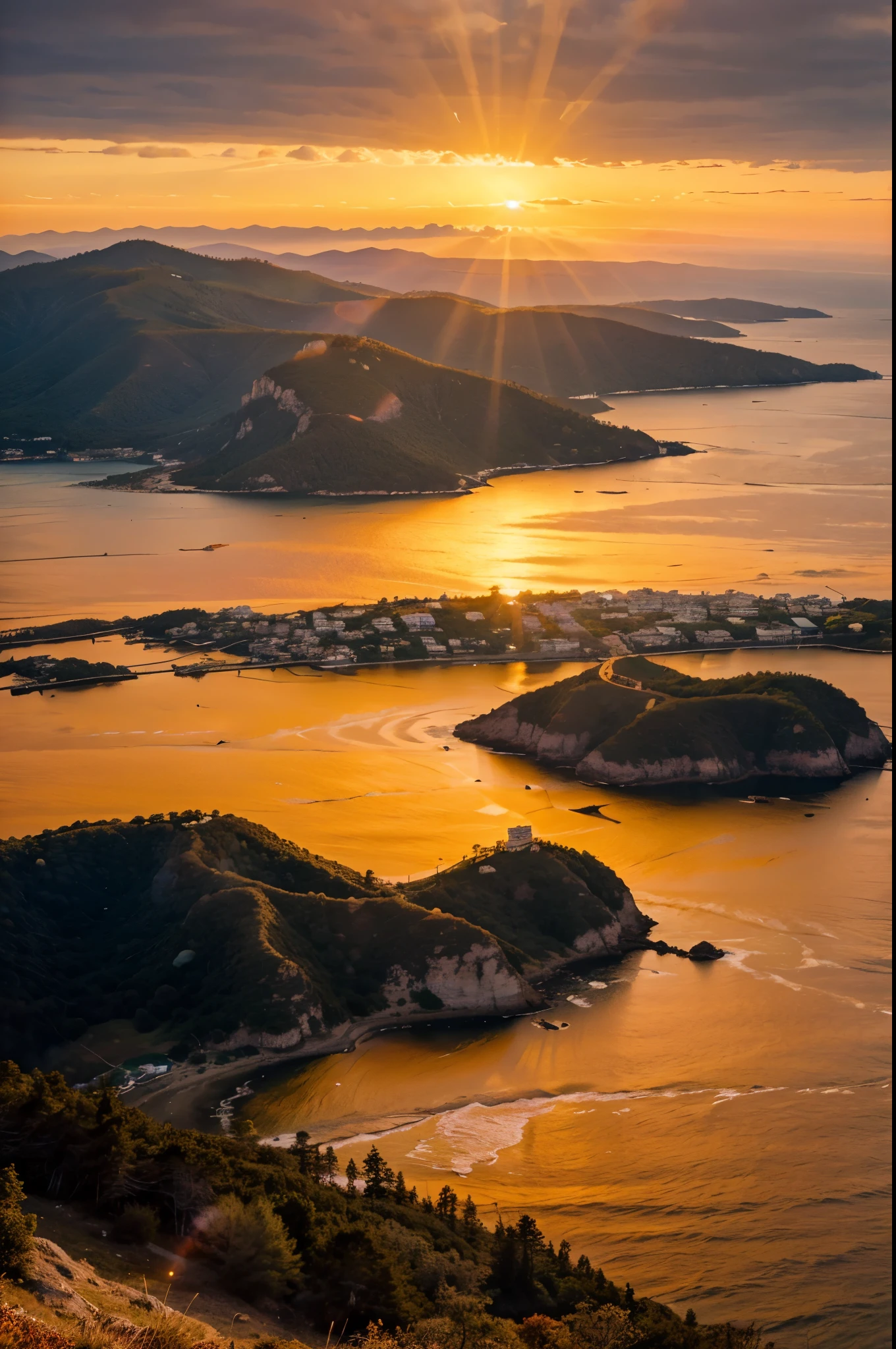 Panoramic view from the top of a mountain during a stunning sunrise. The sun is rising in the background, Painting the sky orange hues. Furthermore, It is possible to see an ocean that reflects the sun's rays. The scene provides an immersive and serene view of the natural spectacle.